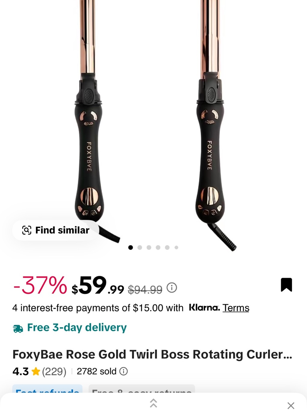 FoxyBae Rose Gold Rotating Curling Wand - Black Handle